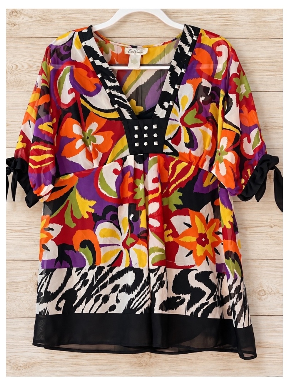 ERIN B Tunic w/Silver Tone Decorative Elements - Floral/Abstract Print XL